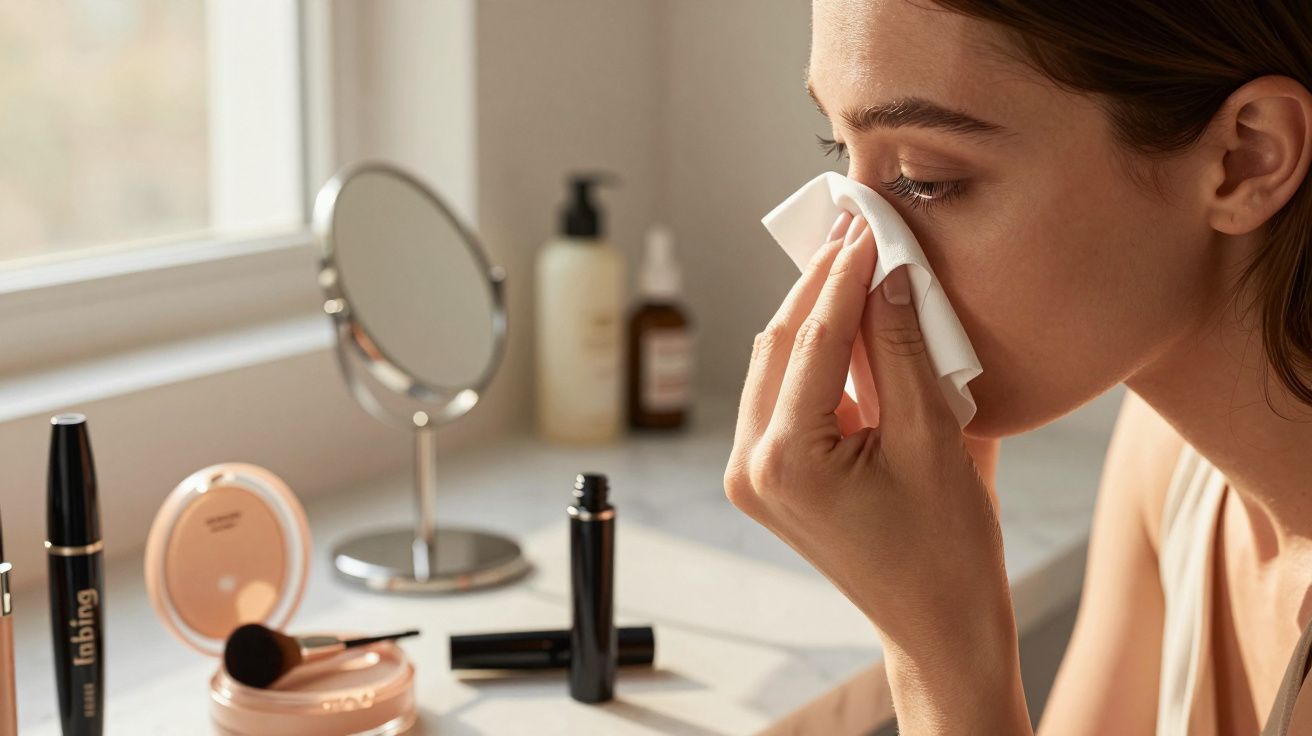 Vrouw verwijdert make-up bij een venster, omringd door cosmetische producten en een spiegel op een tegelblad.