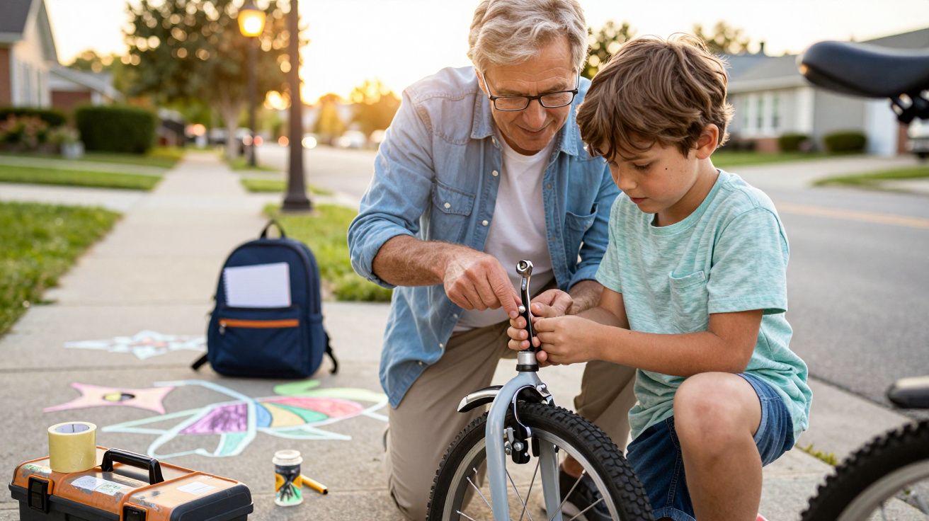 Opa helpt kleinzoon met repareren van een fiets buiten op straat, met krijttekening en gereedschapskist op de achtergrond.