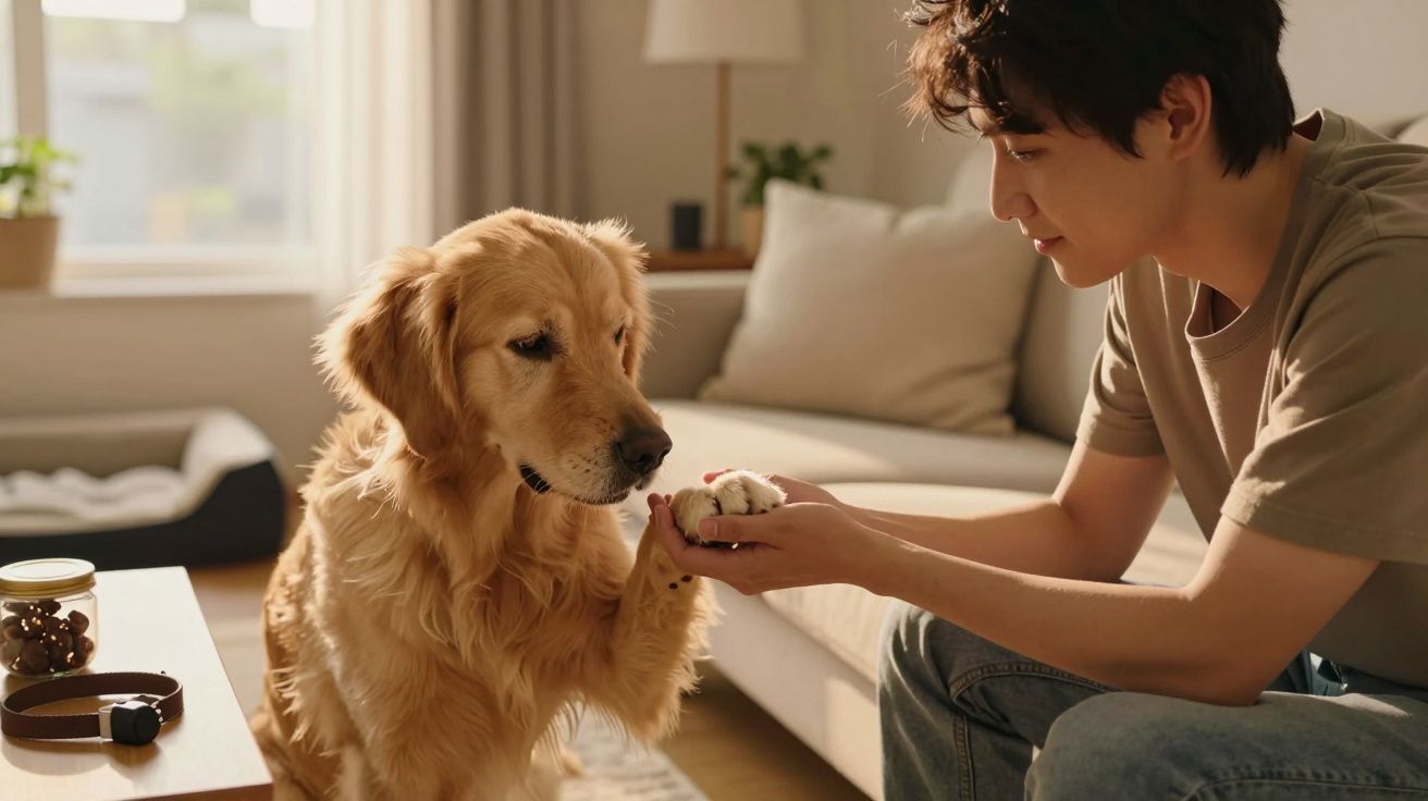 Man geeft hond een high five in een gezellige woonkamer.