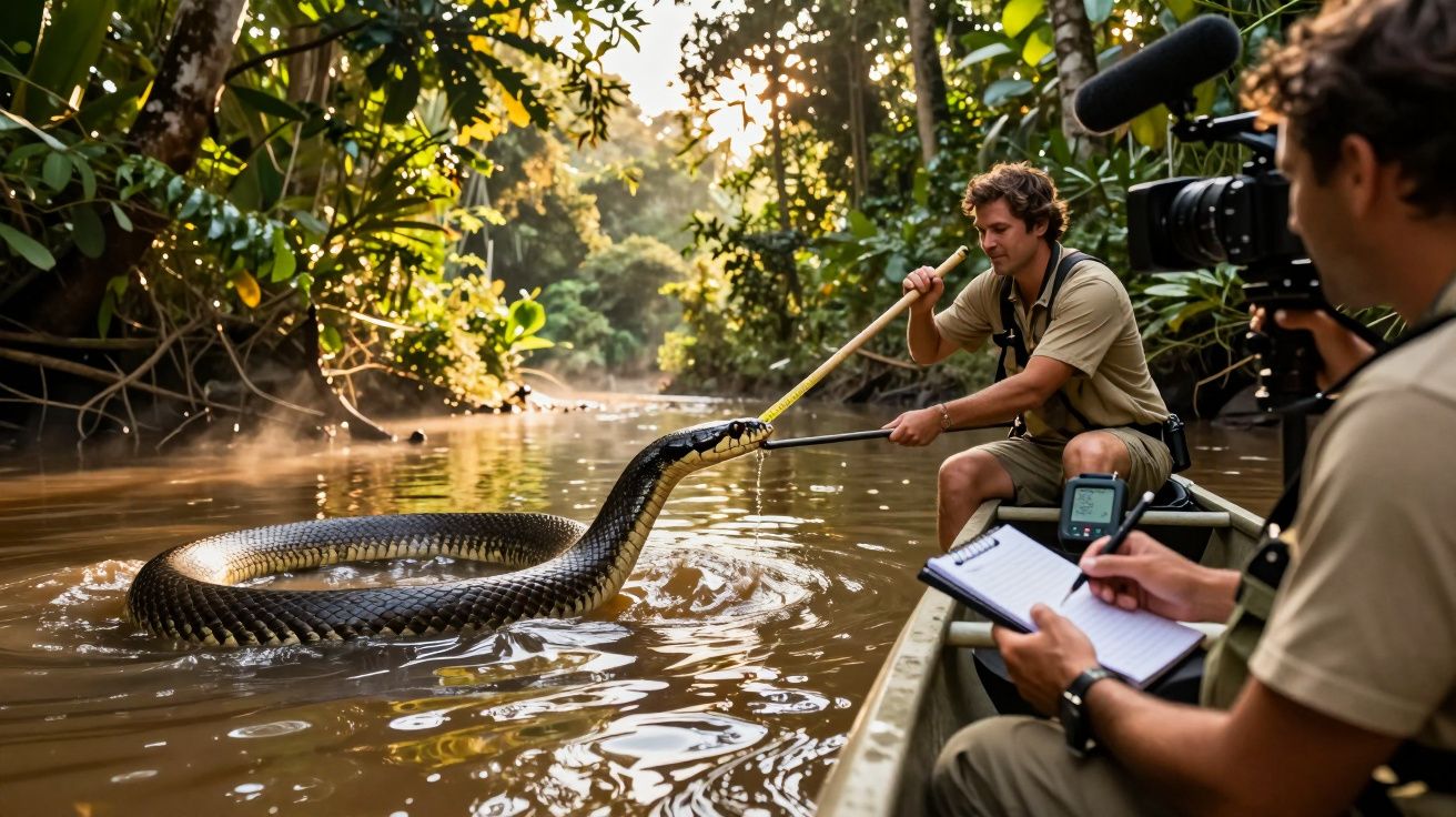 Man in boot filmt en documenteert onderzoek naar grote slang in tropisch rivierlandschap.
