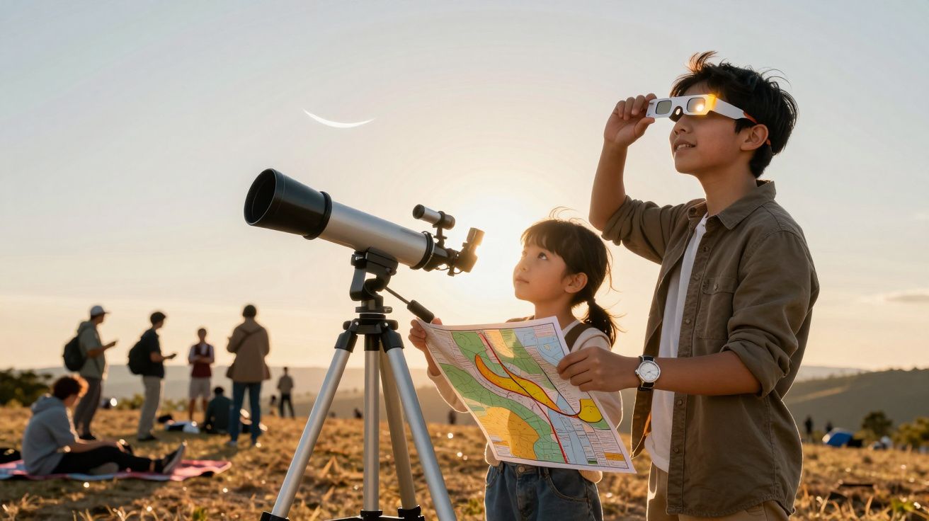 Kinderen kijken naar zonsverduistering met een telescoop en kaart; anderen op de achtergrond, zonnige dag in een veld.