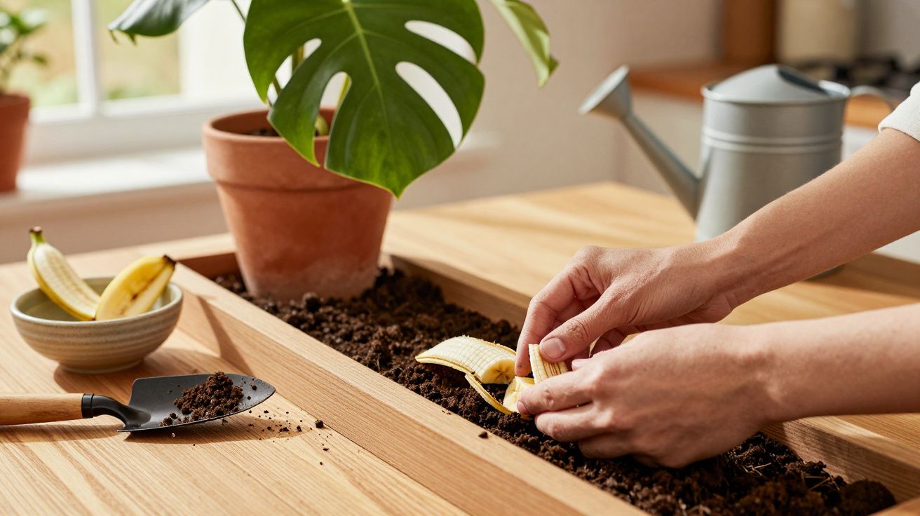 Handen begraven bananenschil in grond naast potplant op houten tafel, met gieter en schep in de buurt.