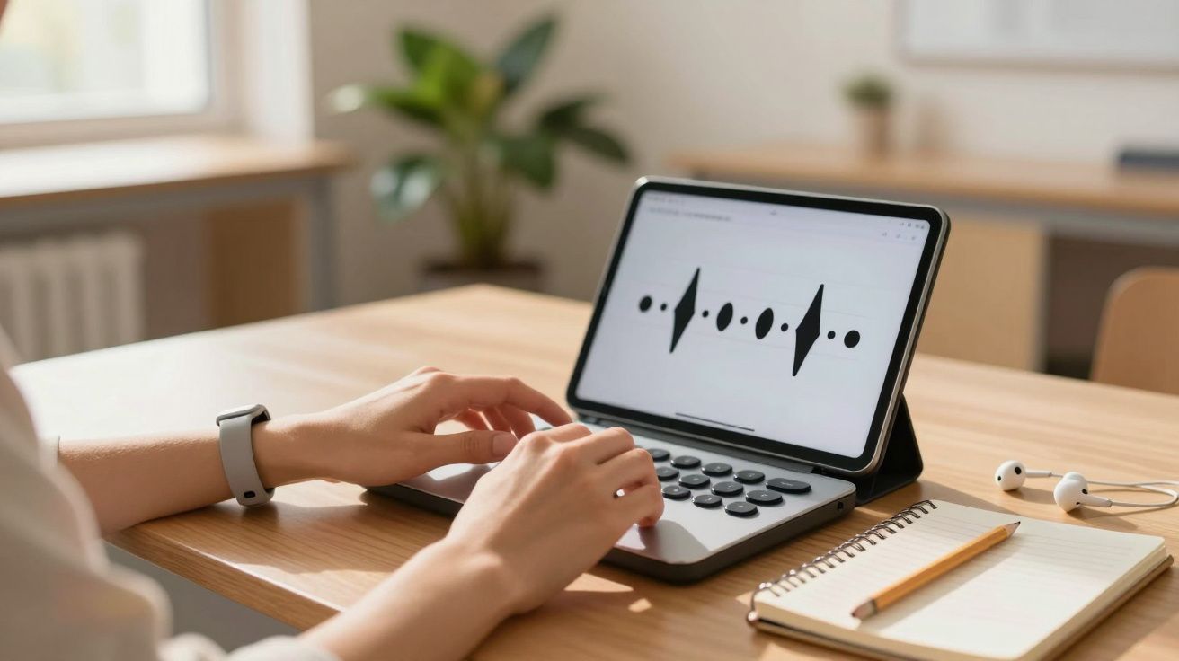 Persoon typt op een tablet met braille-toetsenbord. Scherm toont grafiek. Notitieboek en pen op tafel.
