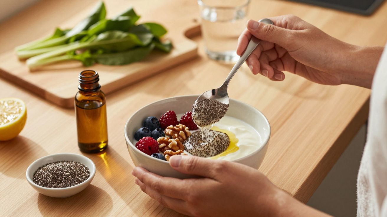 Hand voegt chiazaad toe aan kom met yoghurt, bessen en walnoten op houten tafel. Lemon, olie en spinazie op de achtergrond.