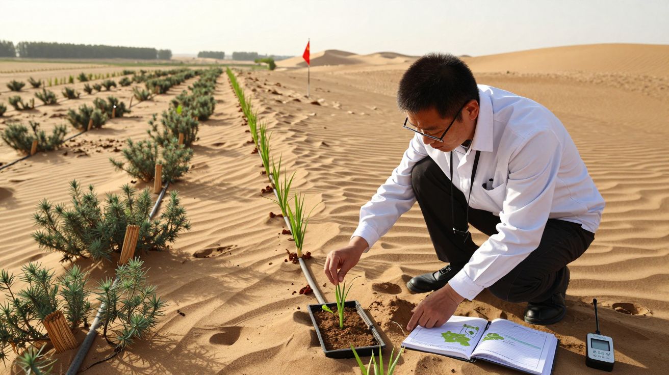Een man onderzoekt plantjes in een woestijn, met een boek en meetapparatuur naast zich. Plantenrijen strekken zich uit.