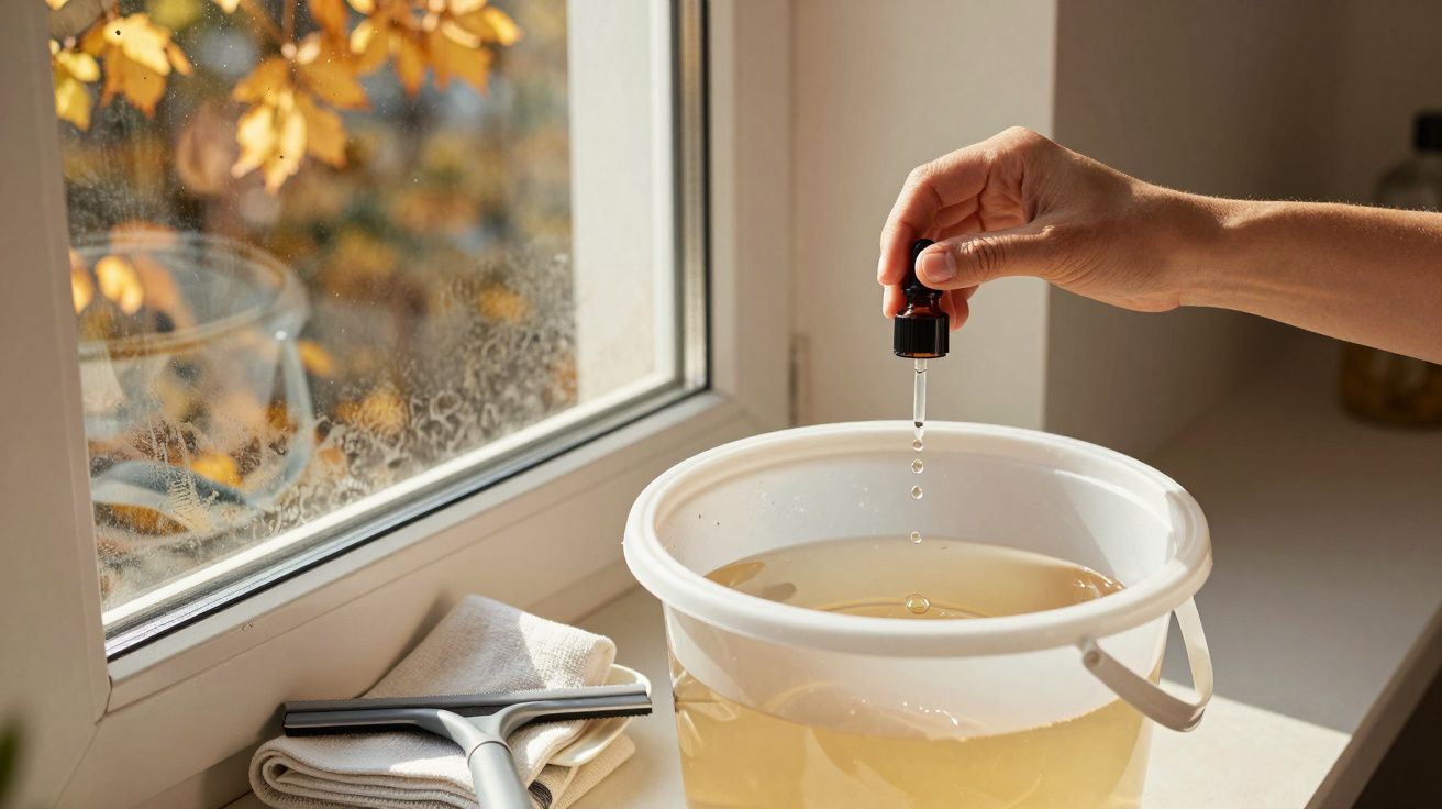 Hand druppelt olie in plastic bak met water naast raam met herfstbladeren, doek en raamtrekker ernaast.