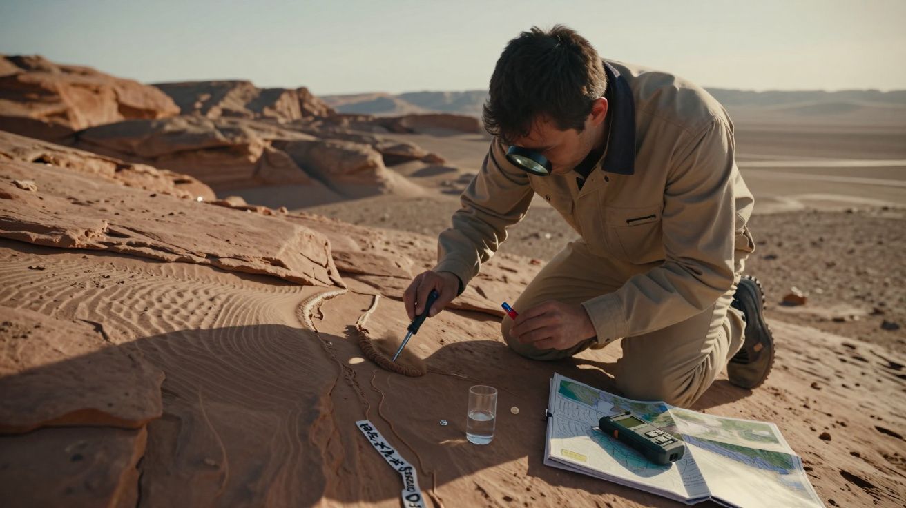 Man onderzoekt rotsen in woestijn met loep, kaart en meetapparatuur, knielend op zandige ondergrond met rode rotsformaties.