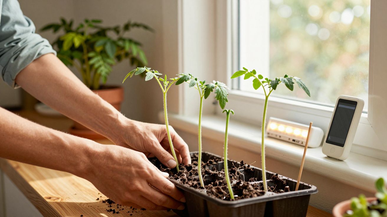 Persoon verzorgt jonge zaailingen in een zwarte bak op een houten tafel bij een raam met planten en een thermometer.
