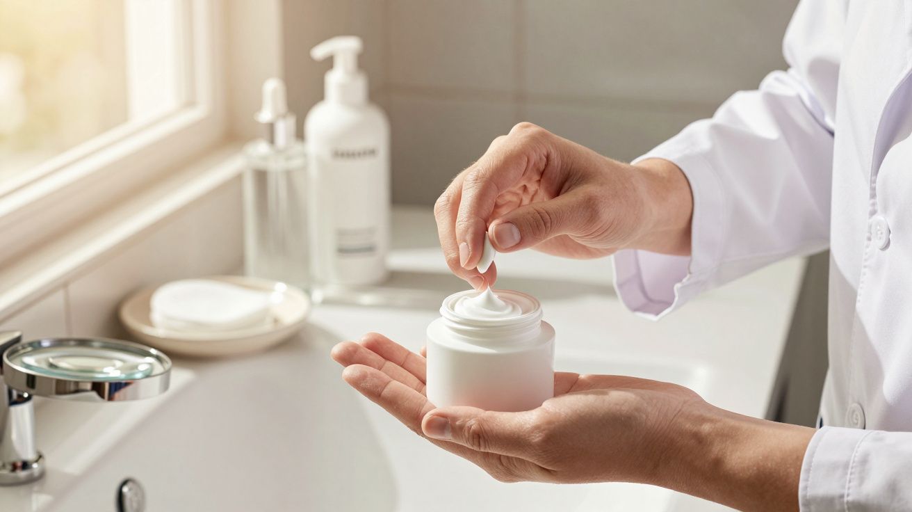 Handen pakken crème uit een witte pot in een badkamer.