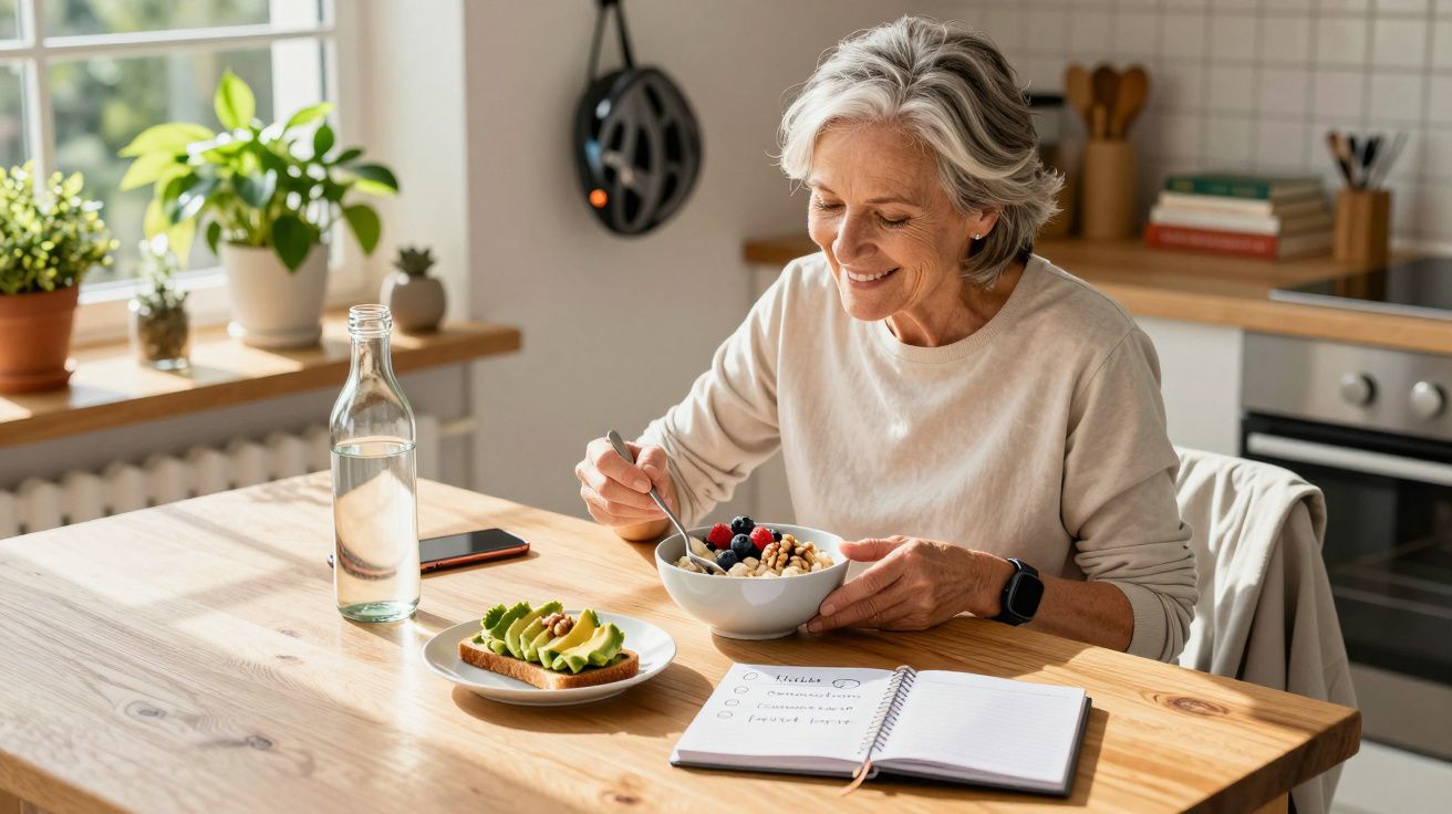 Oudere vrouw eet ontbijt, kijkt naar notitieboek op tafel met avocado toast, fruitkom en waterfles in een lichte keuken.