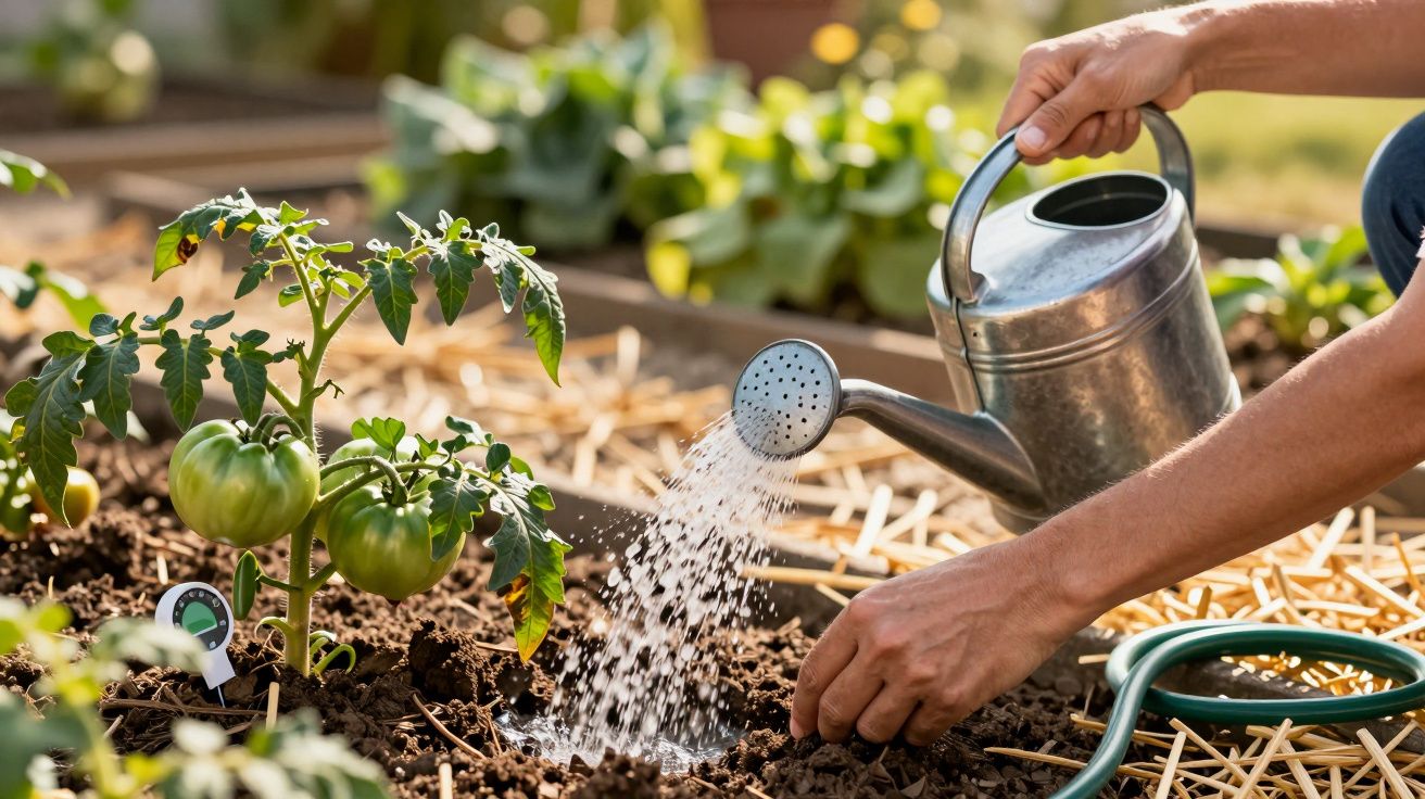 Twee handen bewateren een tomatenplant in een moestuin met een metalen gieter.