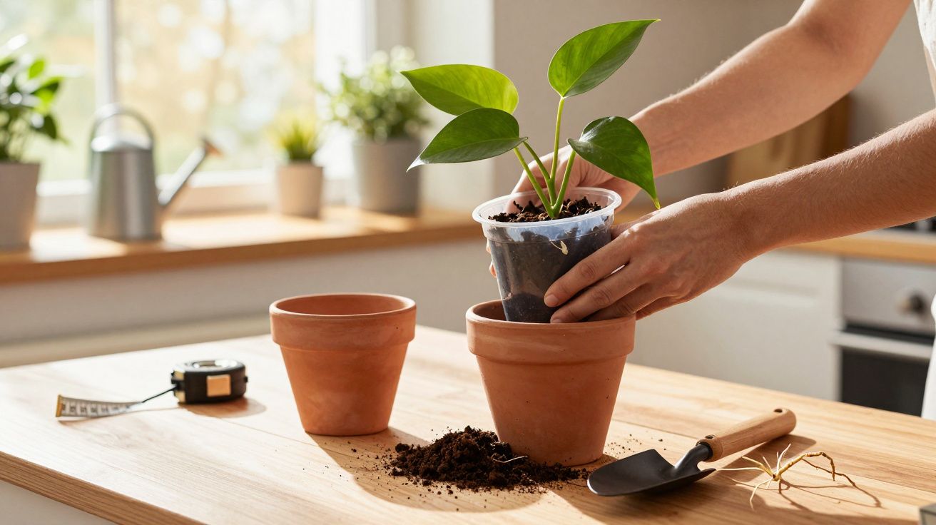 Persoon pot een plant over in een terracotta pot op een houten tafel met een schep en meetlint.