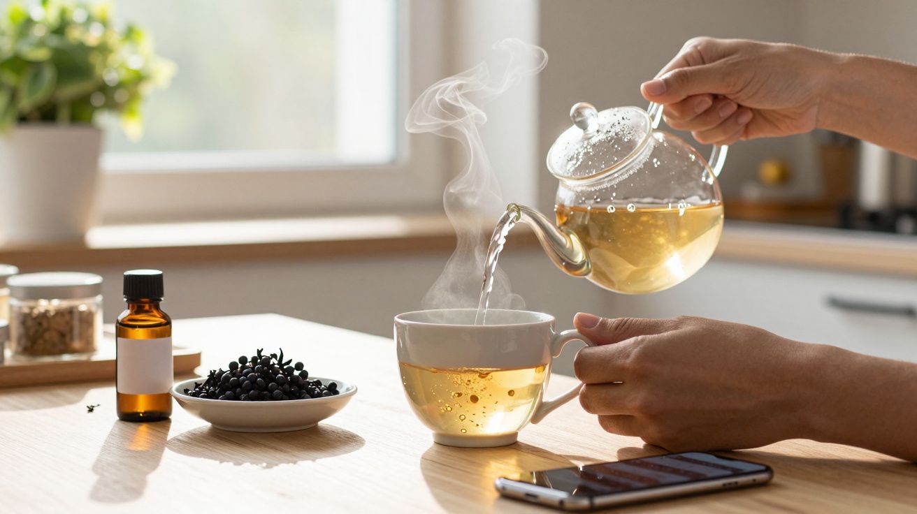 Hand schenkt thee uit glazen pot in kopje naast kruiden en flesje op houten tafel. Steam stijgt op.
