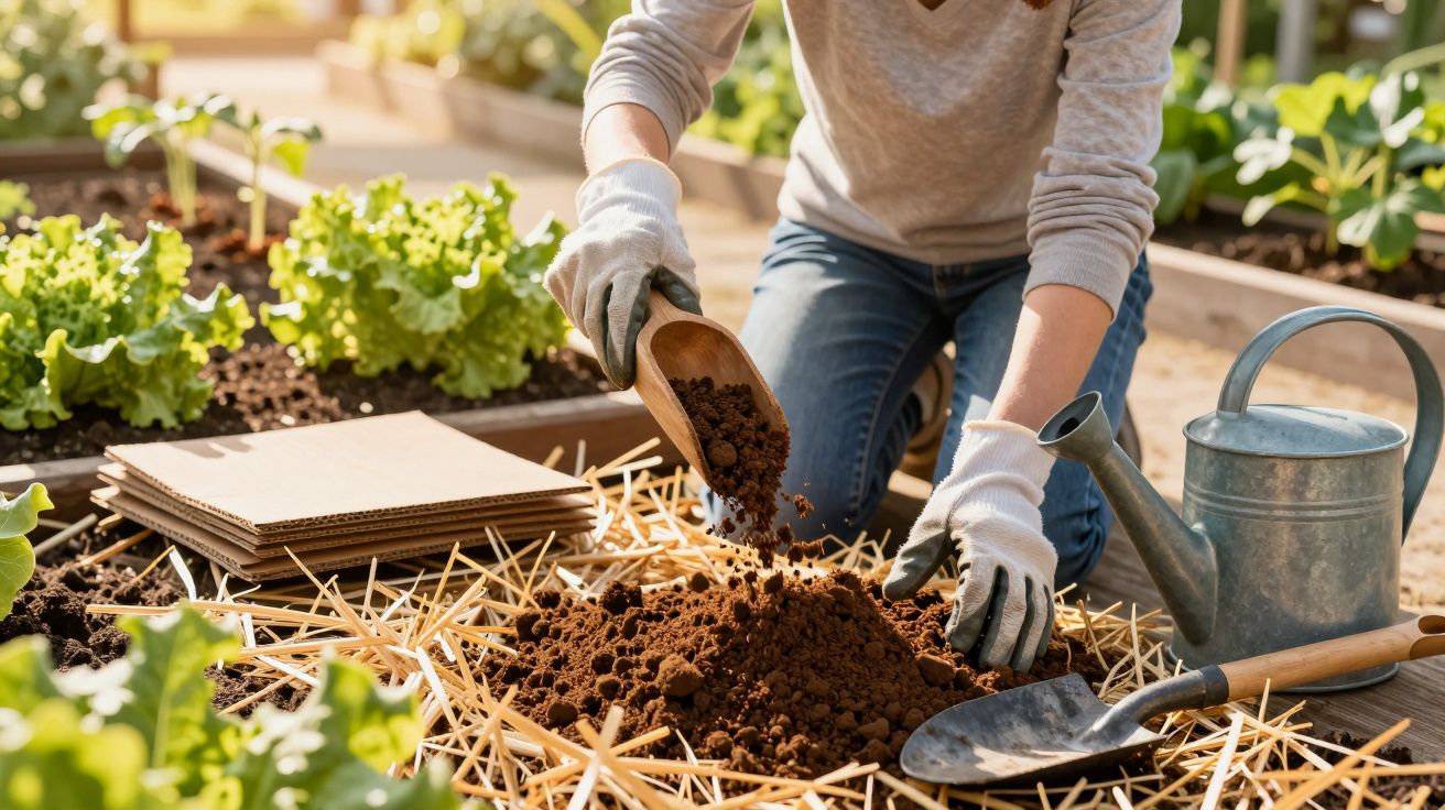Persoon in tuin met handschoenen, giet aarde op strobedden naast groene groenten en gieter