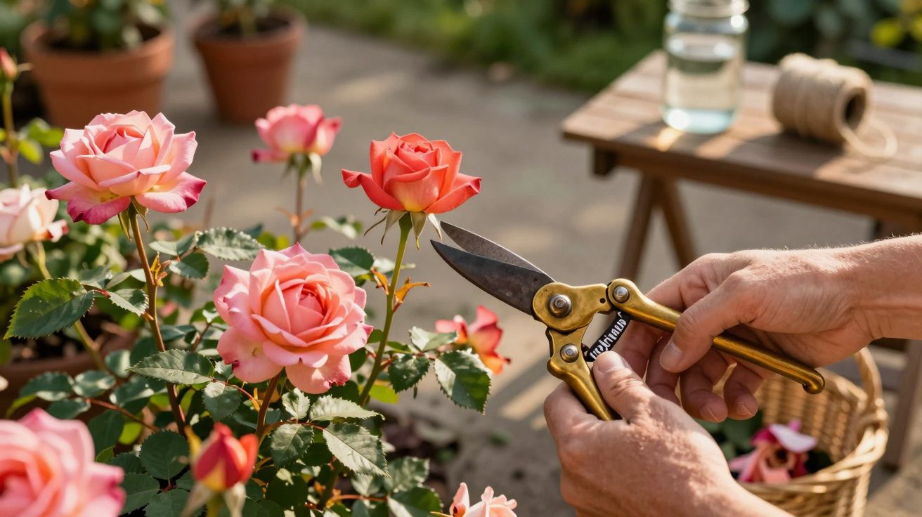 Handen knippen roze rozen met snoeischaar in een zonnige tuin.