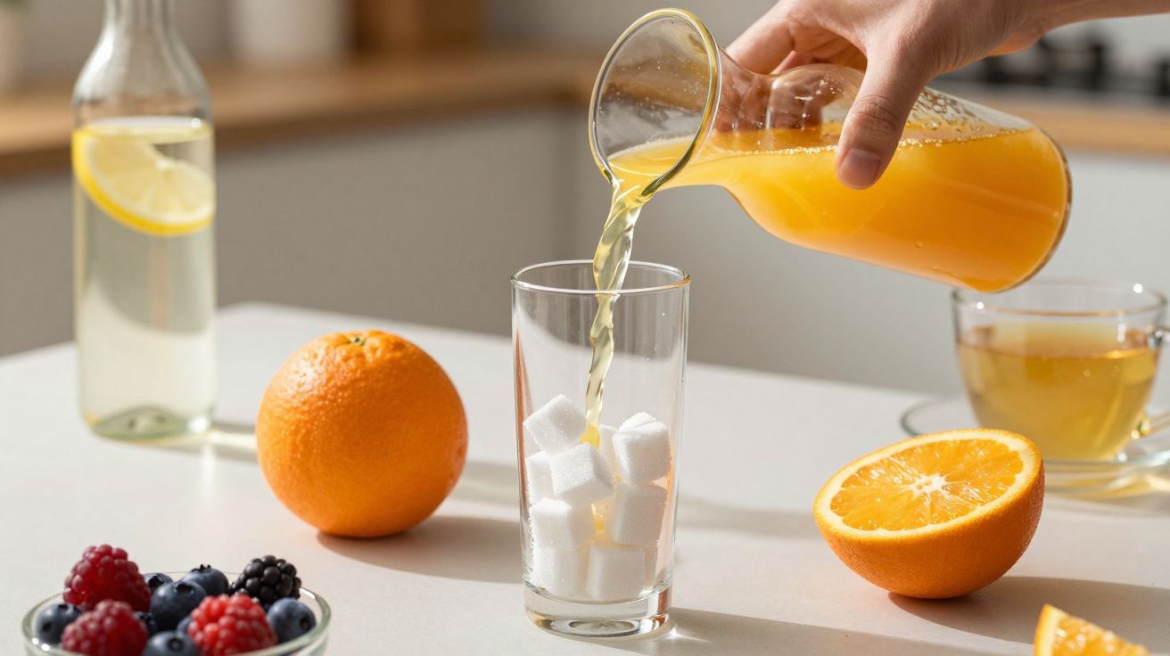 Hand giet sinaasappelsap in een glas met suikerklontjes, omringd door fruit: sinaasappel, bessen en een schijfje citroen.