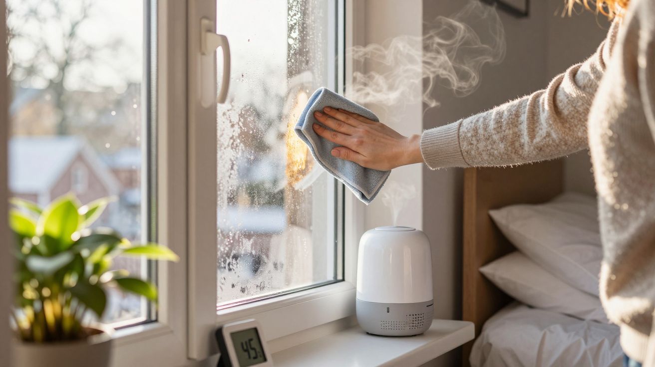 Persoon maakt raam schoon met doek naast luchtbevochtiger op vensterbank, zonlicht schijnt door venster.