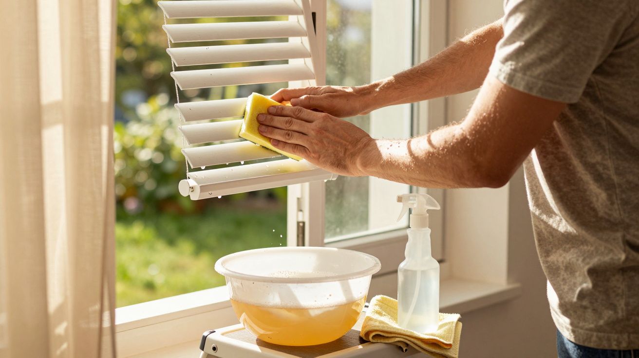 Man maakt jaloezieën schoon met spons, naast open raam en emmer sop, zonnige dag.
