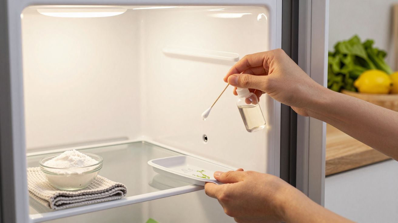 Handen reinigen koelkastinterieur met wattenstaafje en oplossing, naast bakje bakpoeder op doekje. Groenten op achtergrond.