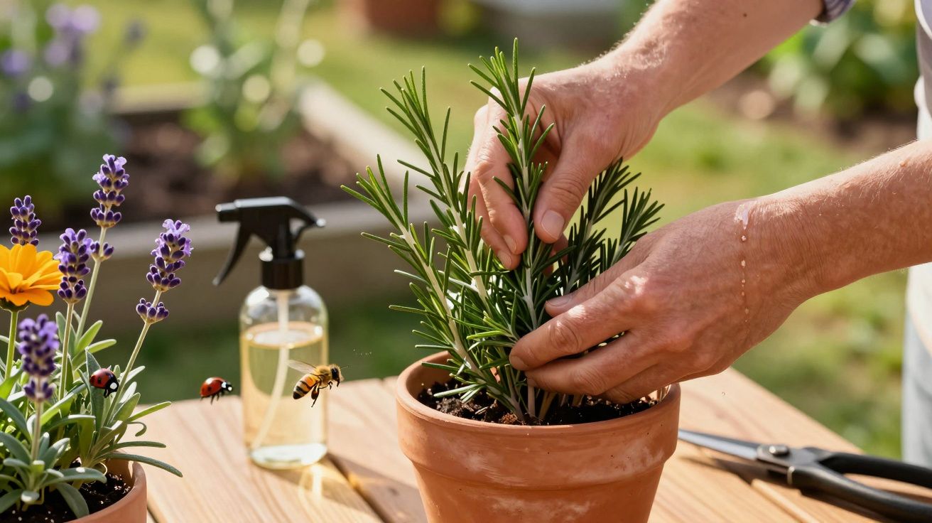 Handen verzorgen een rozemarijnplant in een pot naast lavendel op een houten tafel buiten, onder de zon.