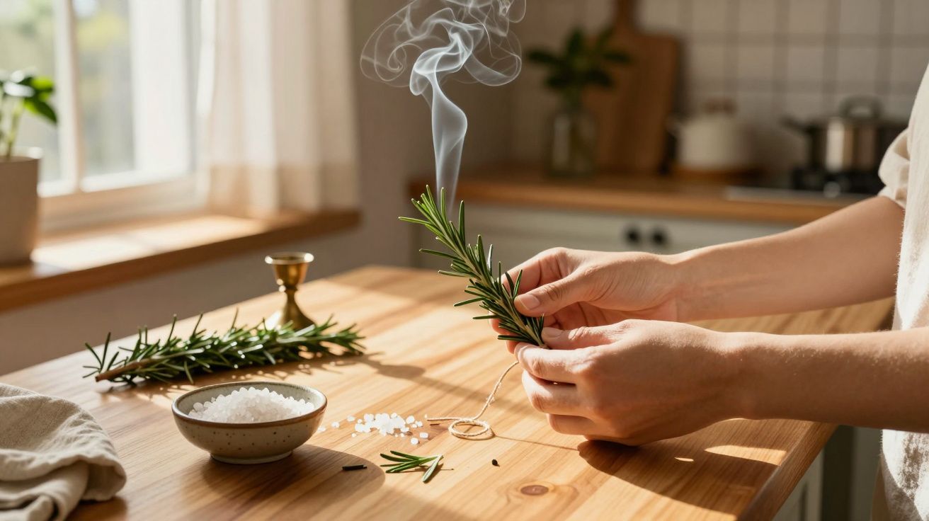 Een hand houdt een rokende rozemarijntak vast boven een houten tafel met zout en kralen, in een zonnige keuken.
