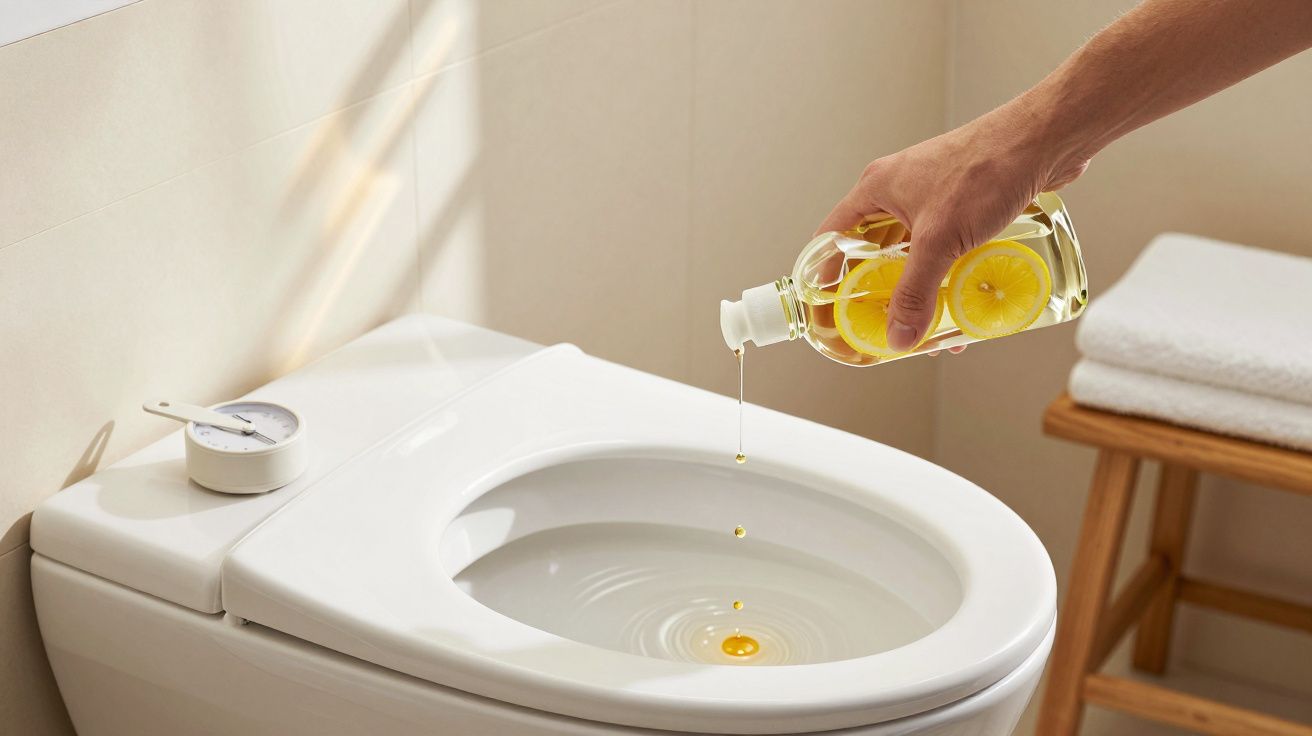 Hand giet vloeistof met citroenschijfjes in een toiletpot in een lichte badkamer.