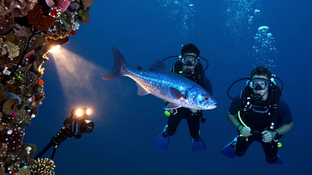 Twee duikers onderwater met een grote blauwe vis en koraal, verlicht door een lamp, omringd door luchtbellen.