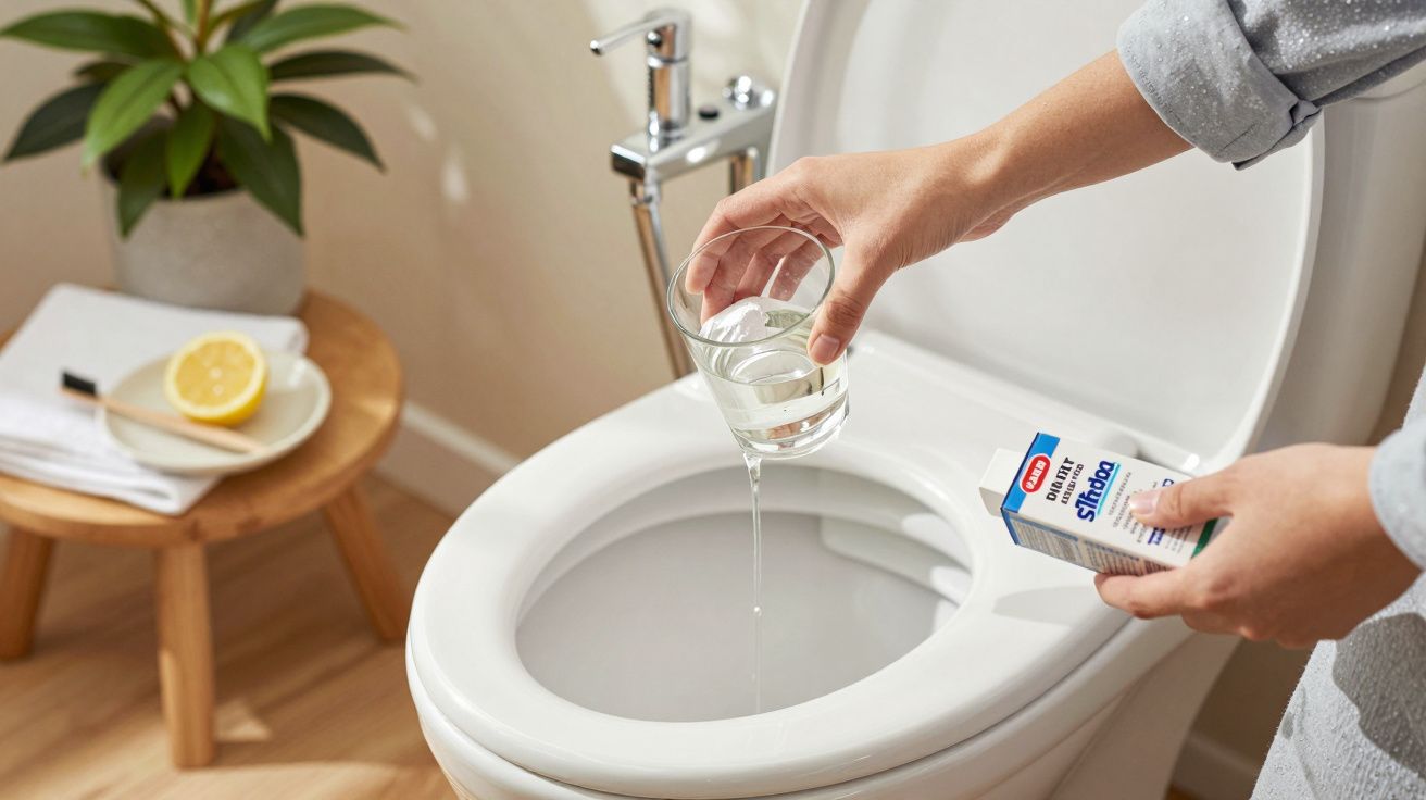 Persoon giet water in toilet met bakingsoda. Plant en citroen op krukje op de achtergrond.