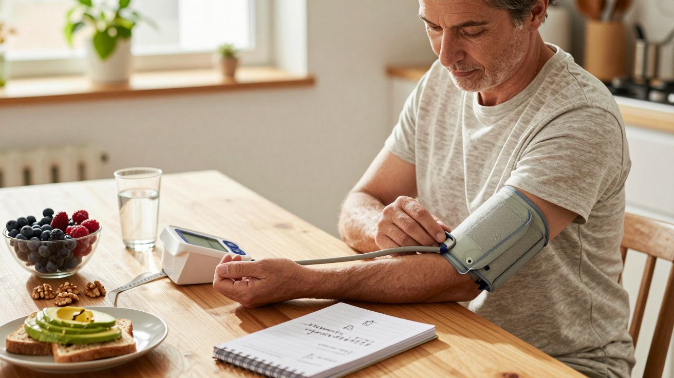 Man meet bloeddrukmeter aan tafel met gezond ontbijt en notitieboekje.