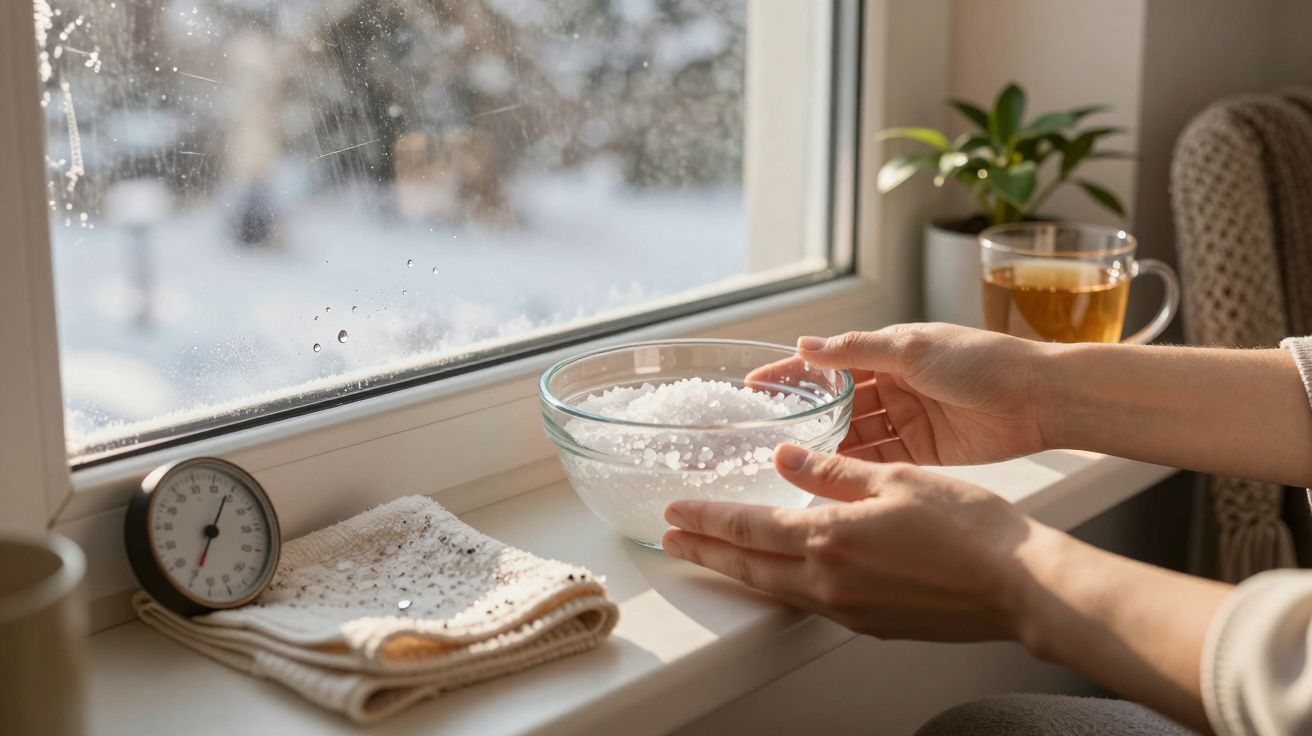 Handen houden een glazen kom met zout bij een raam, naast een thermometer, een plant en een kopje thee.