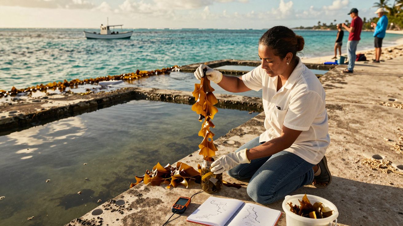 Een vrouw met handschoenen onderzoekt zeewier bij een kustlijn, met een boot op de achtergrond en een boek met aantekeningen.