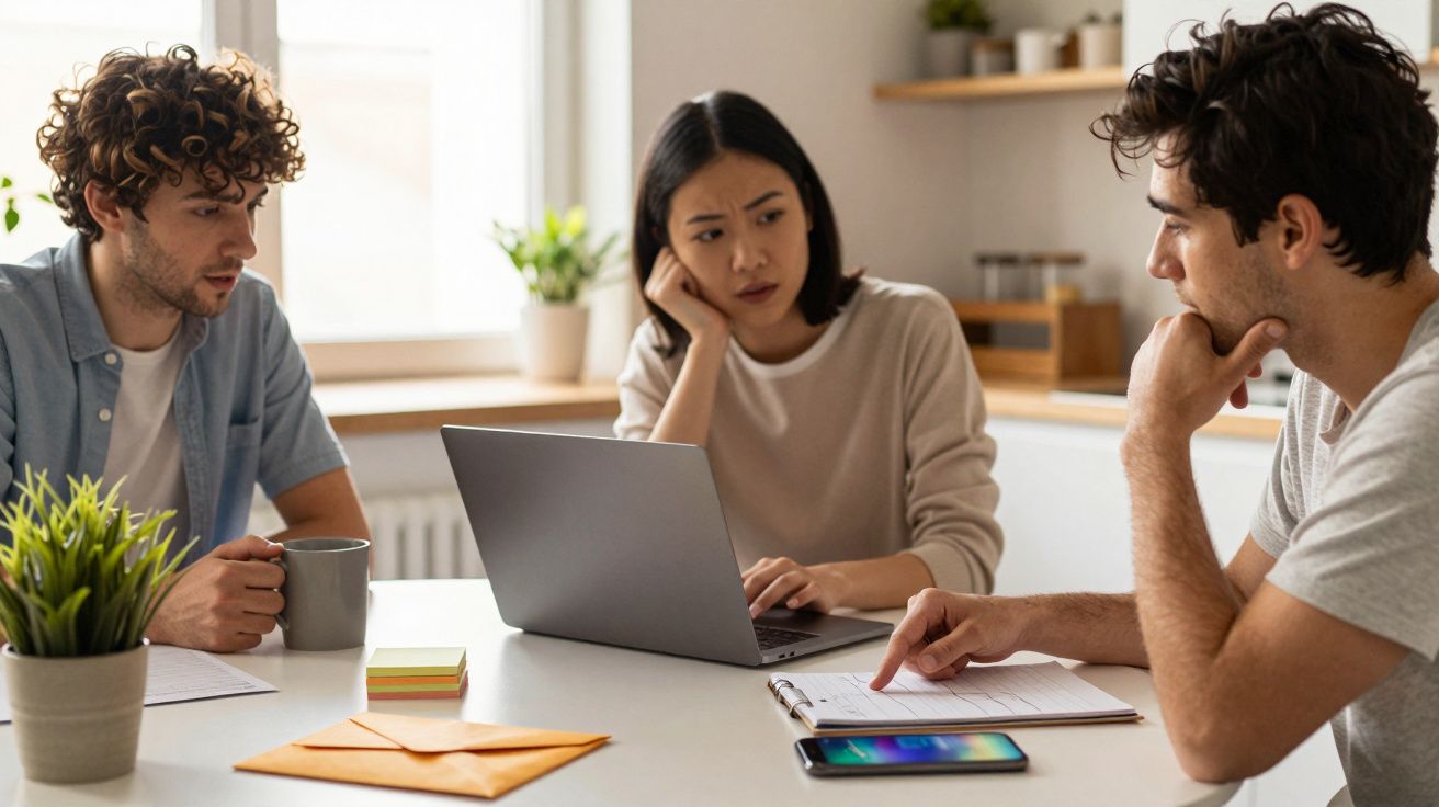 Drie mensen bespreken iets aan een tafel met een laptop, notitieblok en smartphone, in een modern ingerichte kamer.