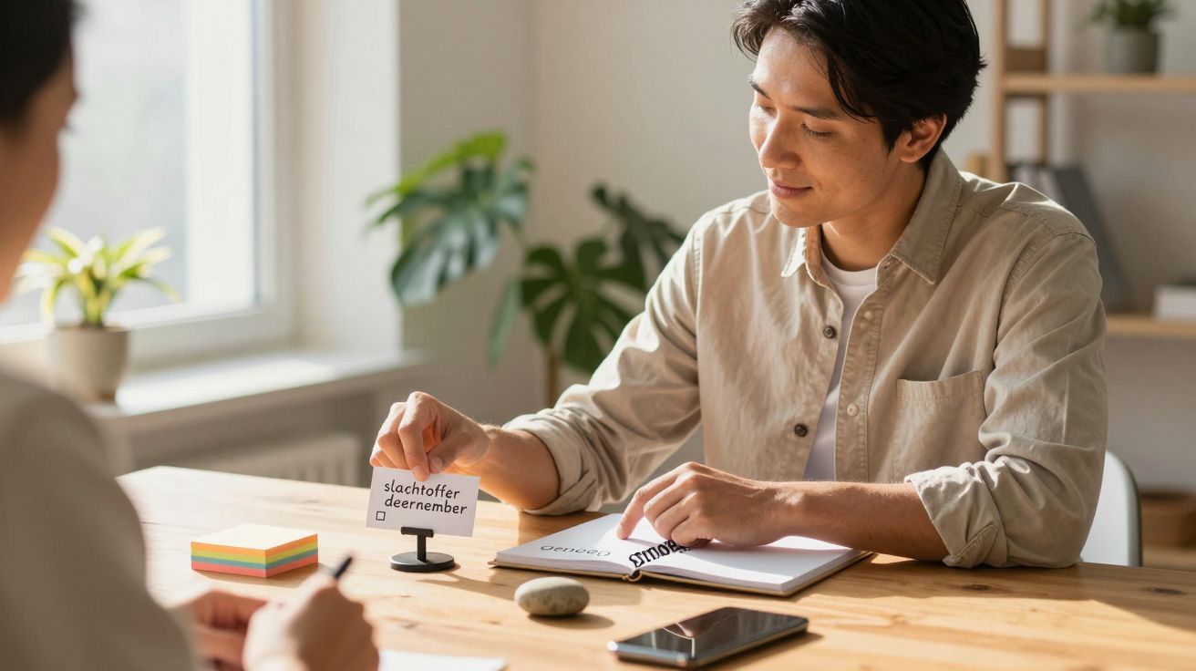 Een man met kort haar en licht overhemd aan tafel met notitieboekje en telefoon, leest een kaartje.