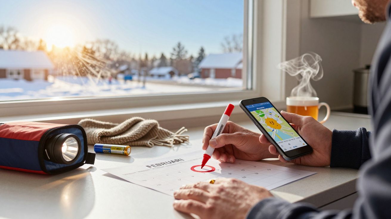 Persoon markeert datum op kalender met rode stift, terwijl hij op zijn telefoon controleert, zonsondergang te zien buiten.