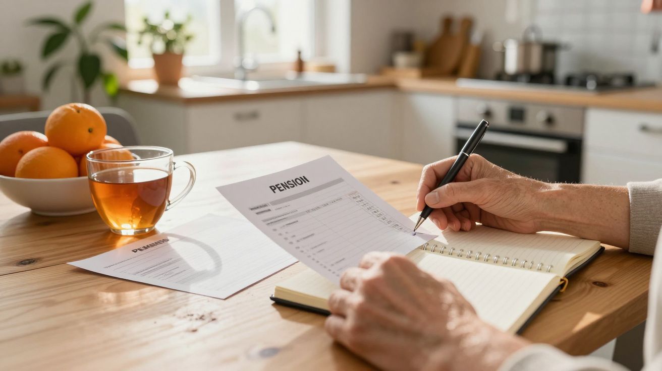 Iemand vult een pensioenformulier in aan een keukentafel met een kop thee en een schaal sinaasappels op de achtergrond.