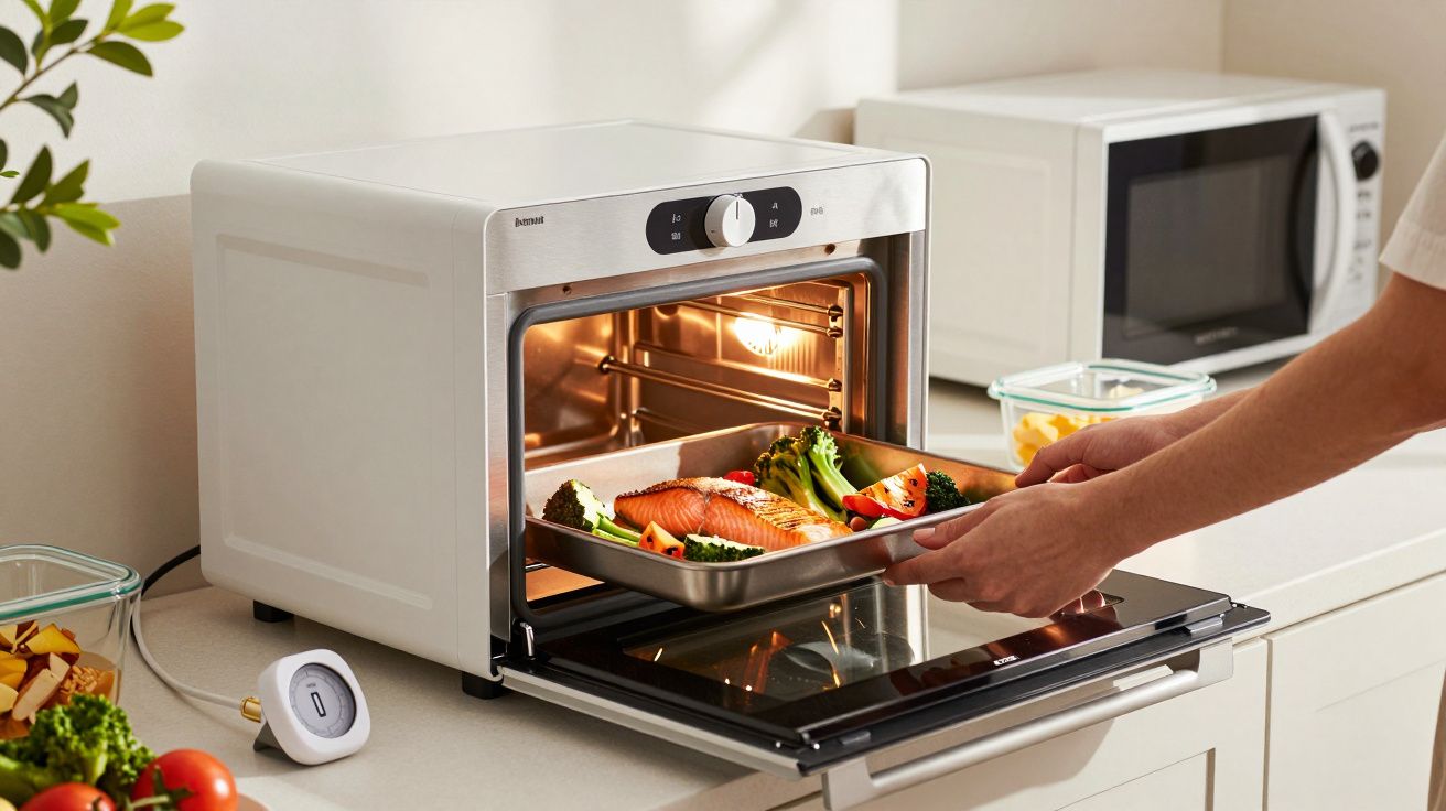 Persoon plaatst een bakplaat met zalm en groenten in een moderne oven op een aanrecht in een keuken.