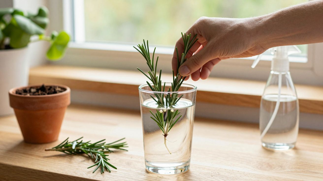 Hand plaatst rozemarijn in glas water op vensterbank met plantenpot en spuitfles.