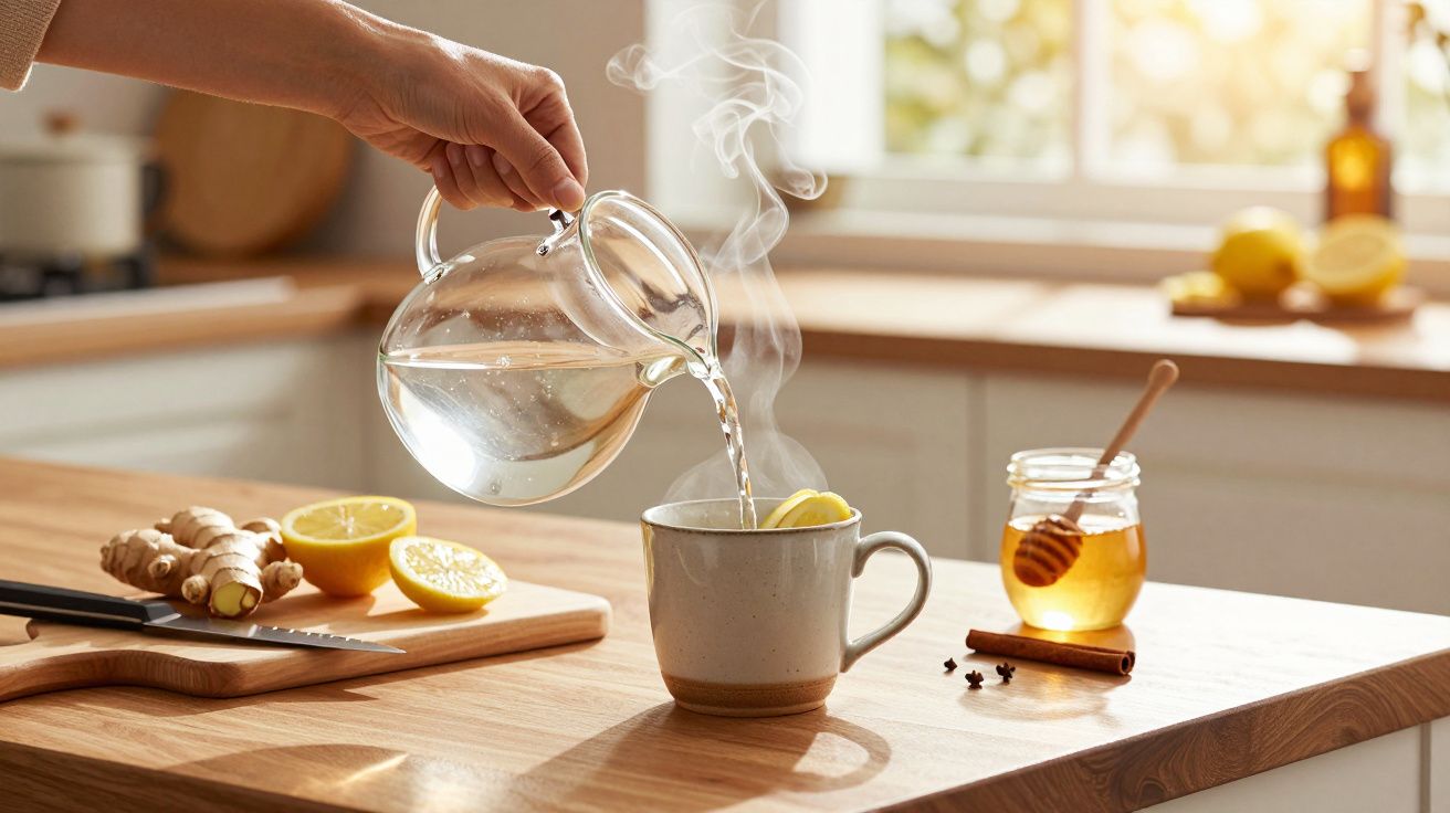 Hand giet heet water in mok met citroen; gember, citroen en honingpot op houten aanrecht in zonnige keuken.