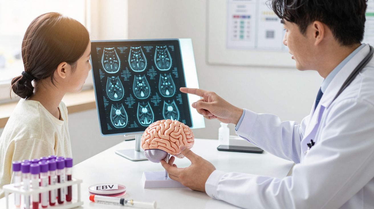 Arts bespreekt hersenscan met vrouw, met hersenmodel op tafel en laboratoriumbuizen op de voorgrond.