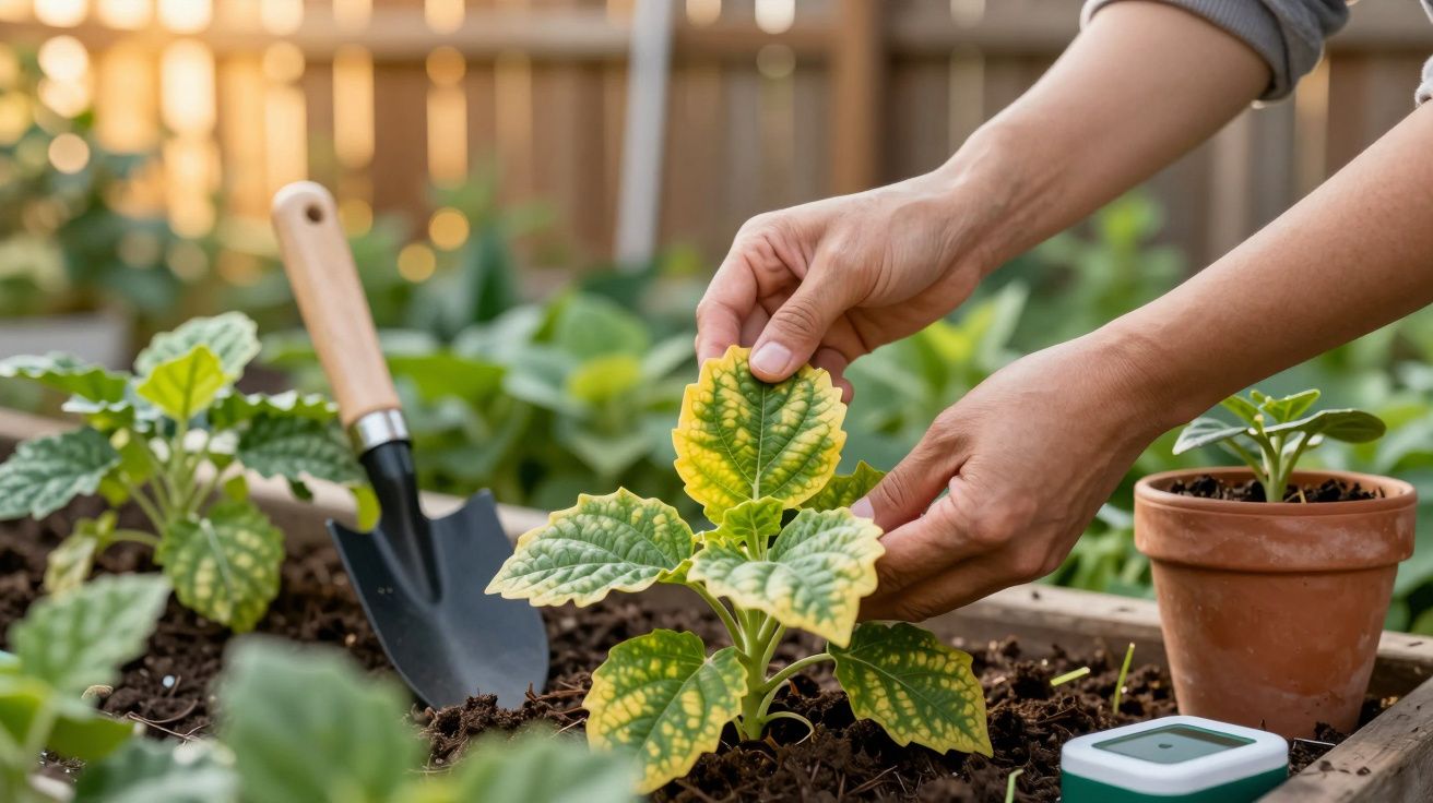 Twee handen verzorgen een plant met gele bladeren in een verhoogde tuinbak; een schep en terracotta pot zichtbaar.
