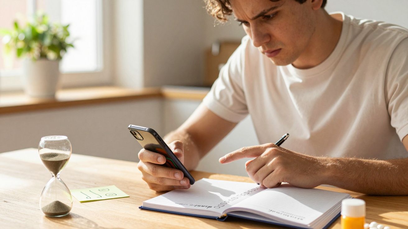 Man in wit T-shirt kijkt naar telefoon, zit aan tafel met zandloper, notitieboek en flesje pillen, zonlicht valt binnen.