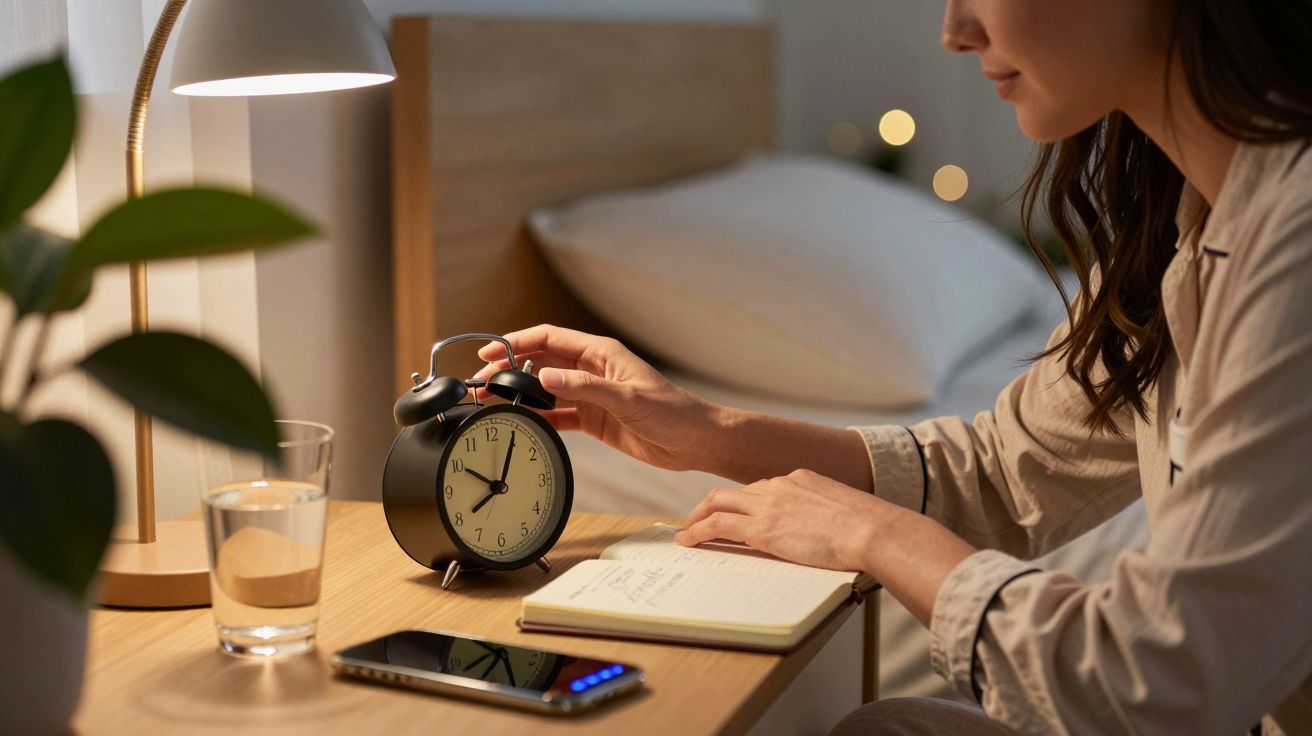 Vrouw zet wekker op houten nachtkastje naast bed met notitieblok, glas water, en smartphone.