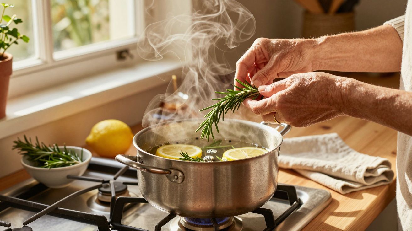 Handen voegen rozemarijn toe aan kokend water met citroen op een fornuis.