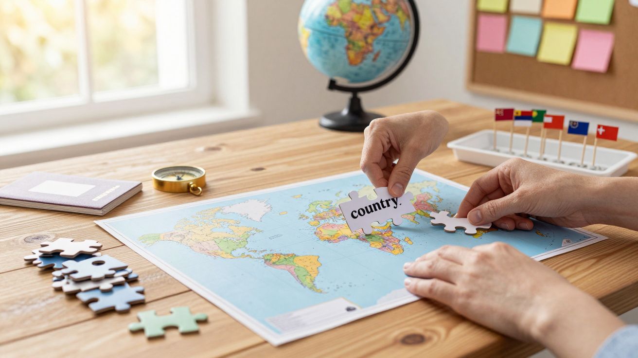 Handen leggen puzzelstuk op wereldkaart, globaal en vlaggen op tafel.