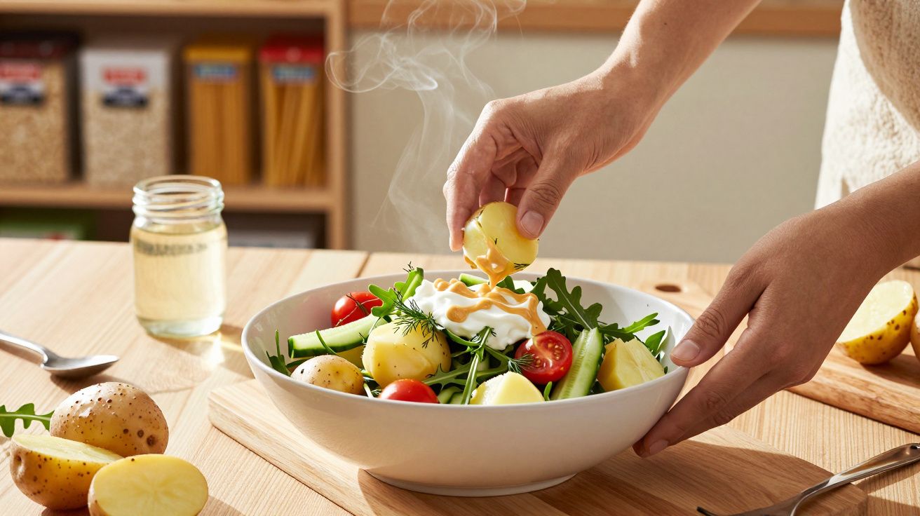 Handen bereiden een verse salade met aardappelen, tomaten, rucola, komkommer en saus in een witte kom op een houten tafel.