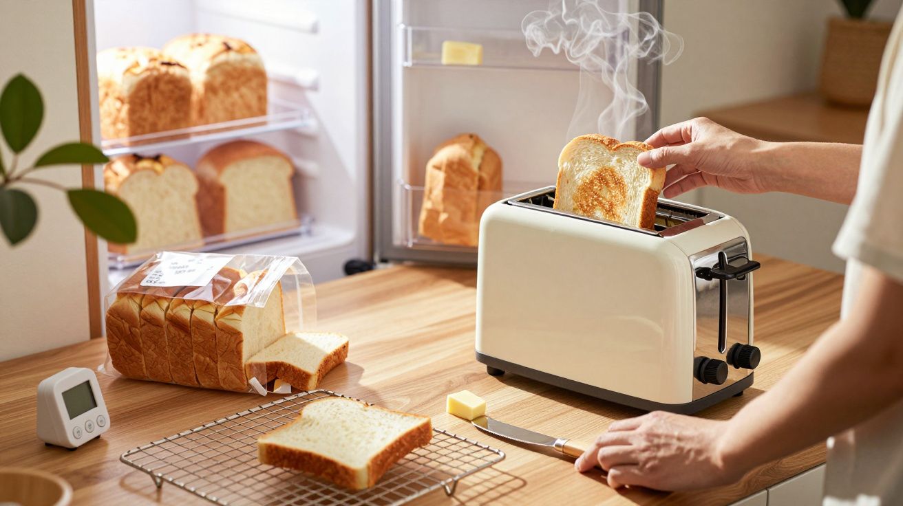 Hand haalt geroosterde boterham uit een broodrooster, met brood en boter op het aanrecht.