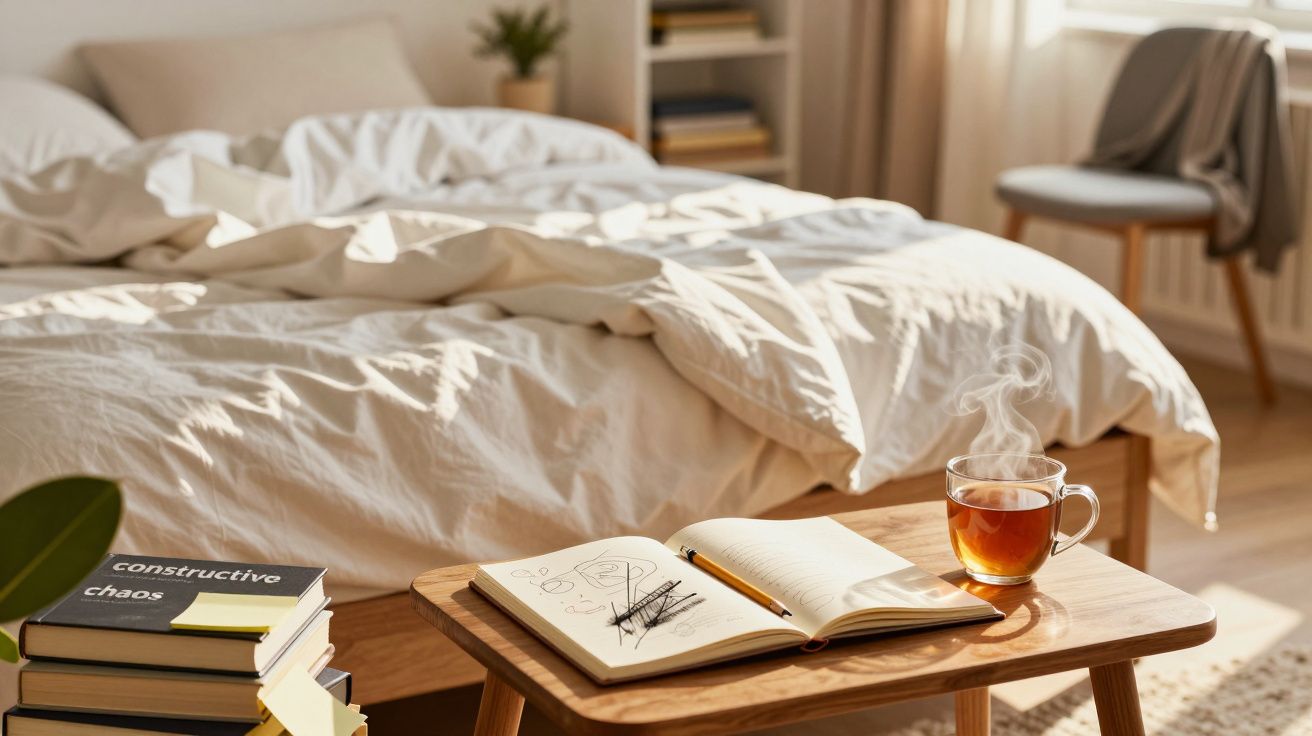 Een slaapkamer met een onopgemaakt bed, boeken, notitieboek en een kopje thee op een houten bijzettafel.