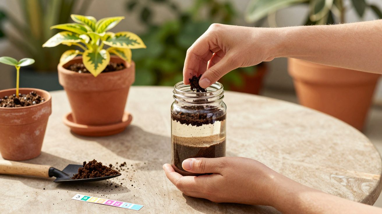 Handen voegen aarde toe aan een glazen pot op tafel, met planten in terracotta potten op de achtergrond.