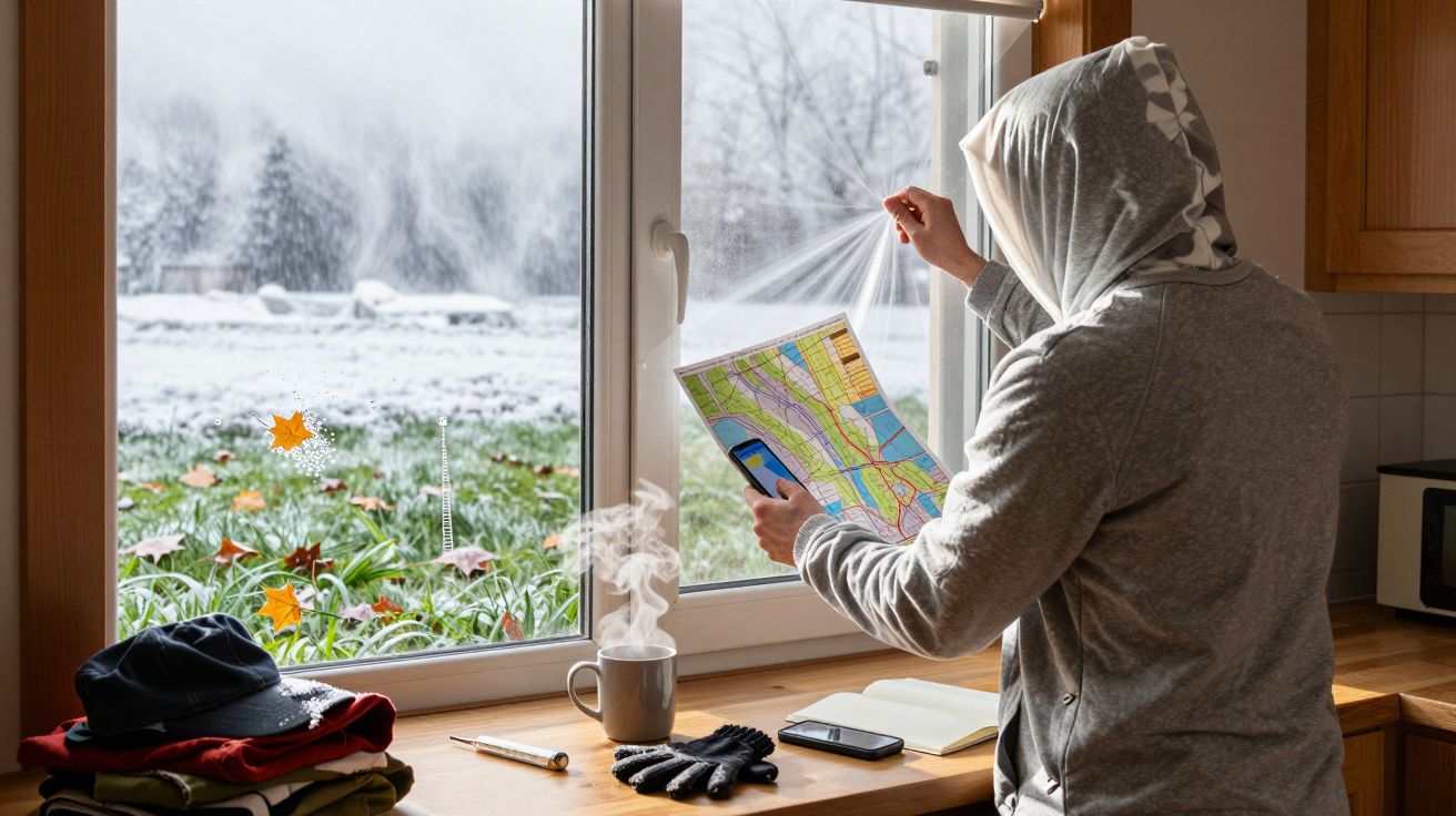 Persoon kijkt naar een kaart bij een raam met besneeuwd landschap, warme drank, handschoenen en smartphone op tafel.