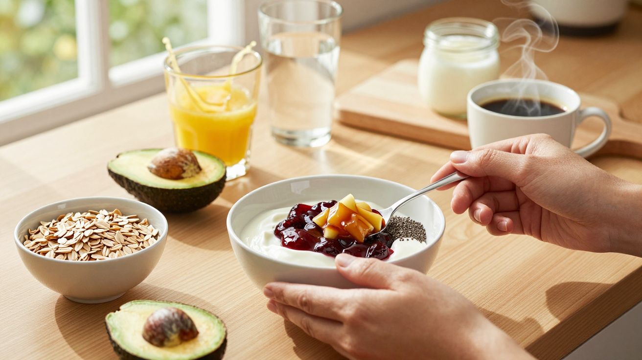 Handen plaatsen fruit en chiazaad in kom yoghurt, omringd door avocado, havermout, jus d'orange en koffie op tafel.